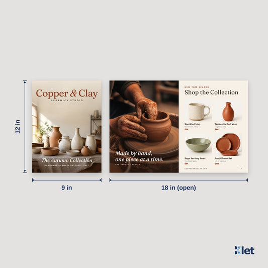 9 x 12 booklet size: 9 x 12 in closed, opens flat to 18 x 12 in