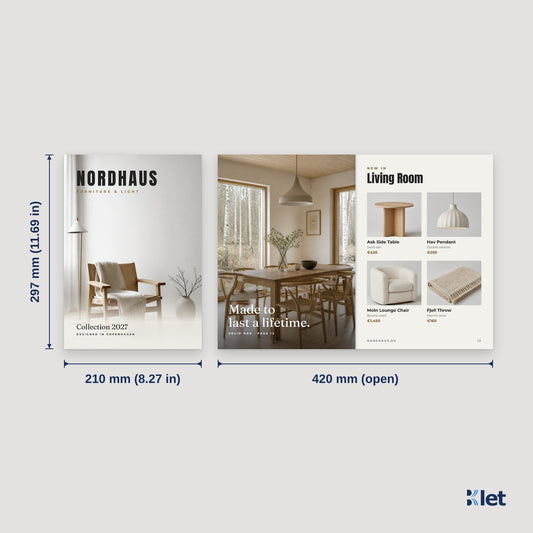 A4 booklet size: 210 x 297 mm (8.27 x 11.69 in) closed, opens flat to 420 x 297 mm