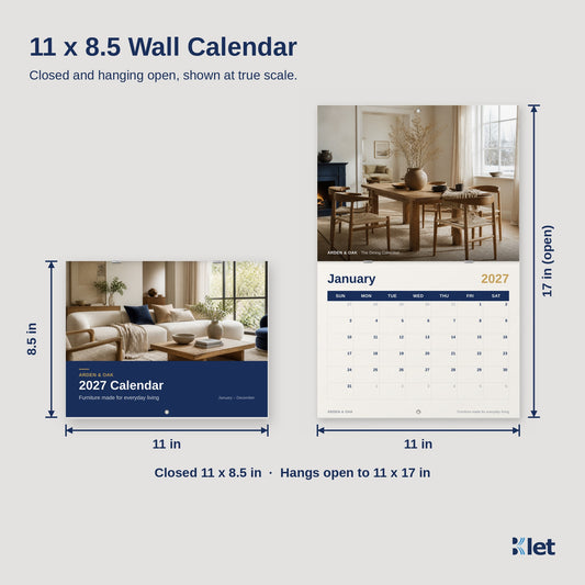 11 x 8.5 wall calendar size guide, closed and open dimensions
