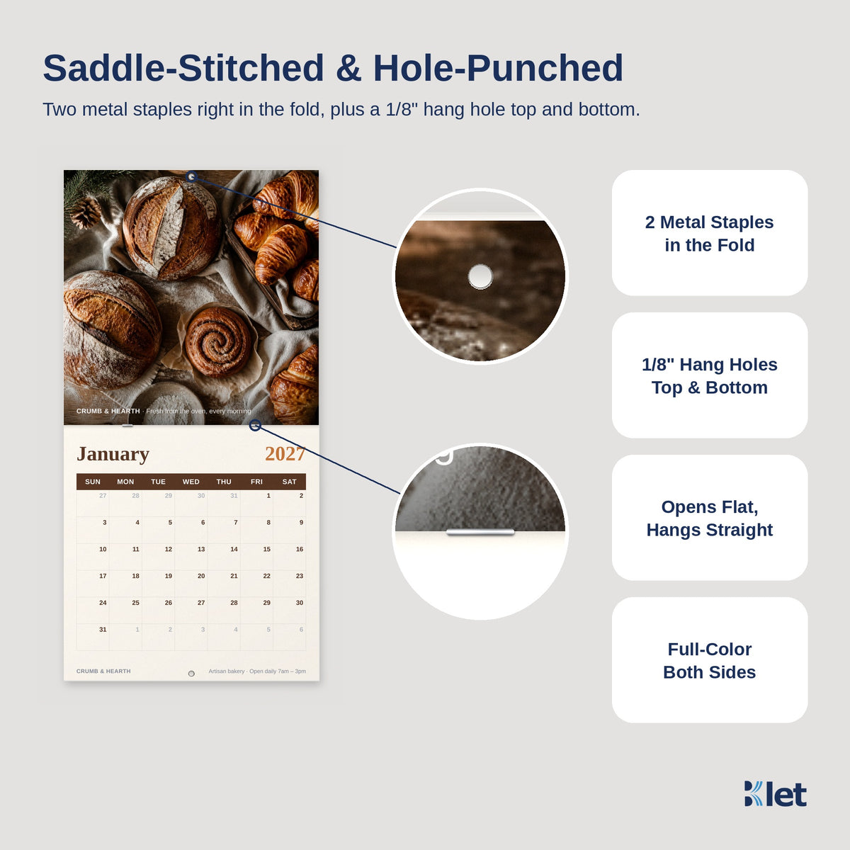 12 x 12 wall calendar with two metal staples in the fold and 1/8 inch hang holes