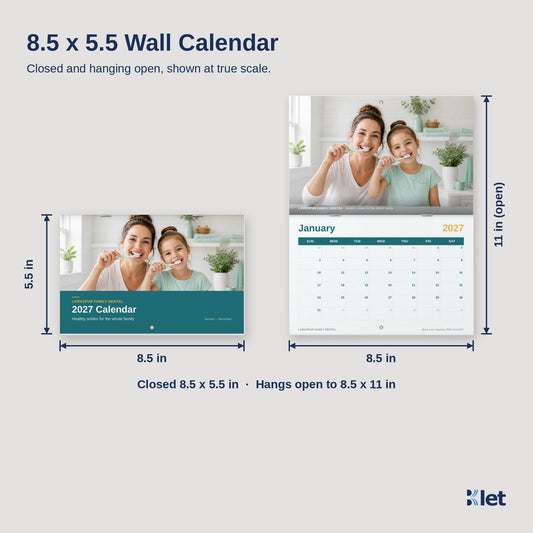 8.5 x 5.5 wall calendar size guide, closed and open dimensions
