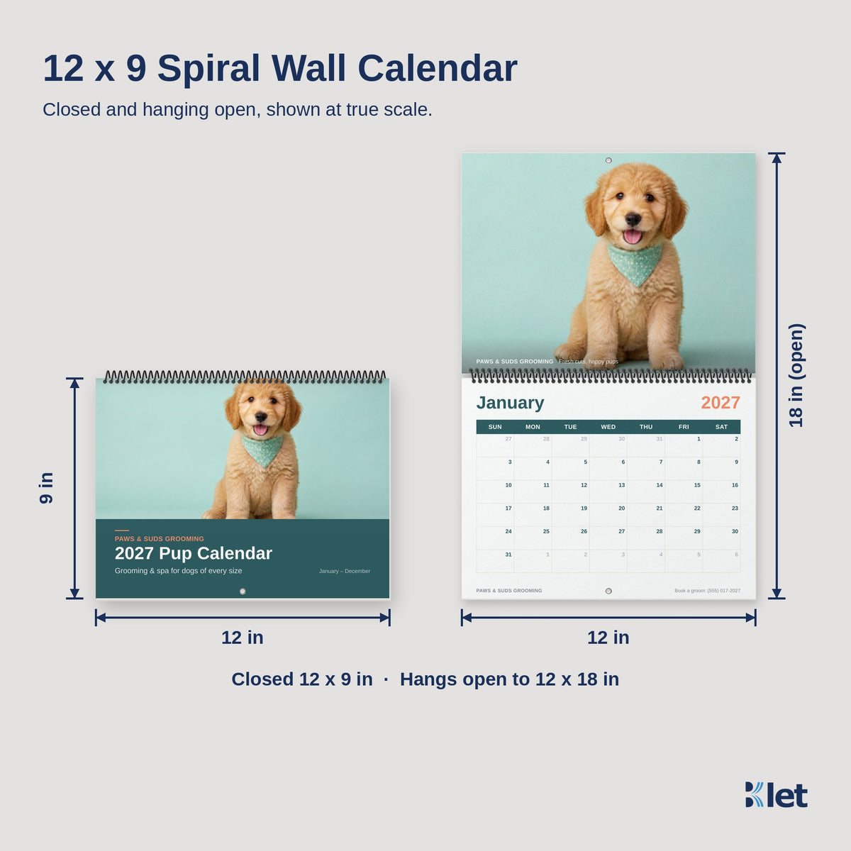 12 x 9 spiral wall calendar size, closed and open