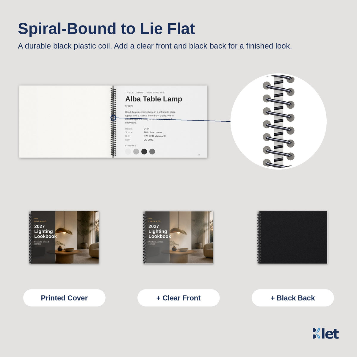 Black plastic spiral coil close-up with black and white single-sided inside pages, printed cover, clear front and black back options