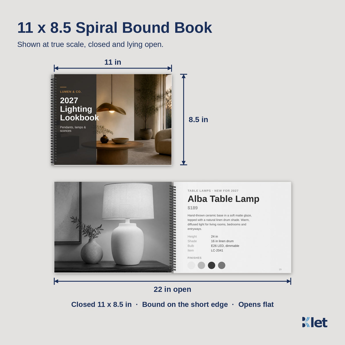 11 x 8.5 spiral bound book size, closed and open flat, black and white inside pages