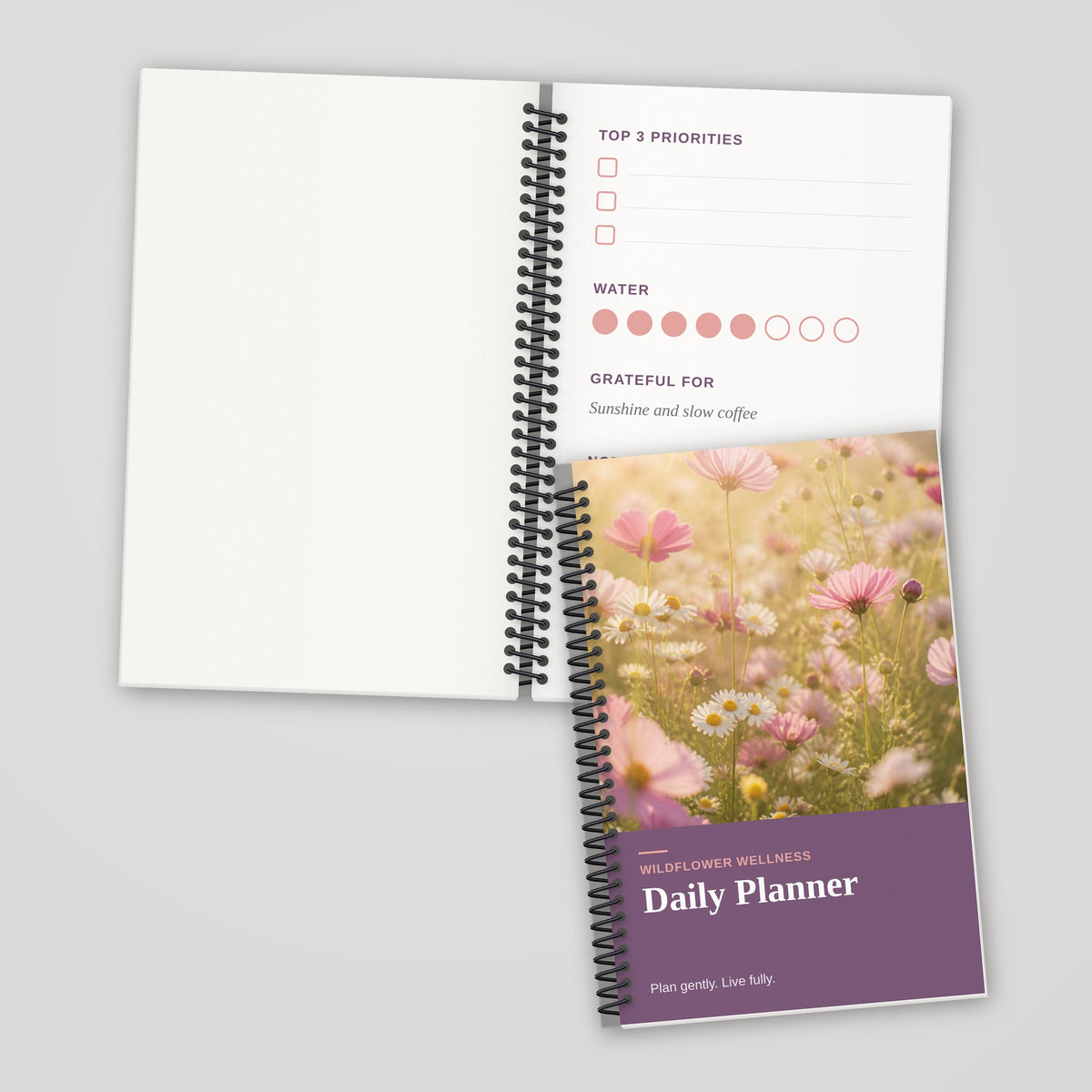 Custom 5.5 x 8.5 spiral bound book, full-color single-sided pages, open and closed