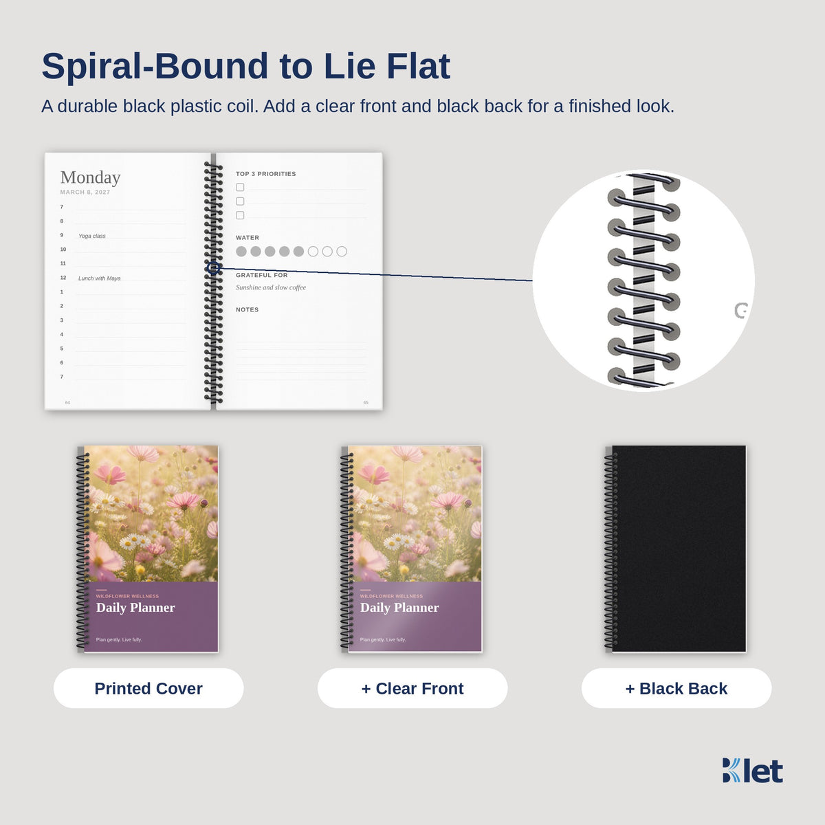 Black plastic spiral coil close-up with black and white inside pages, printed cover, clear front and black back options