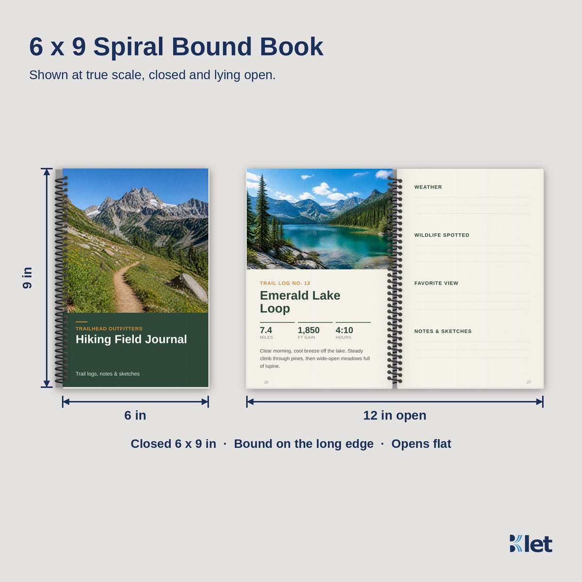 6 x 9 spiral bound book size, closed and open flat