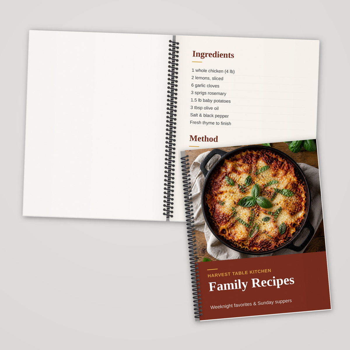 Custom 8.5 x 11 spiral bound book, full-color single-sided pages, open and closed