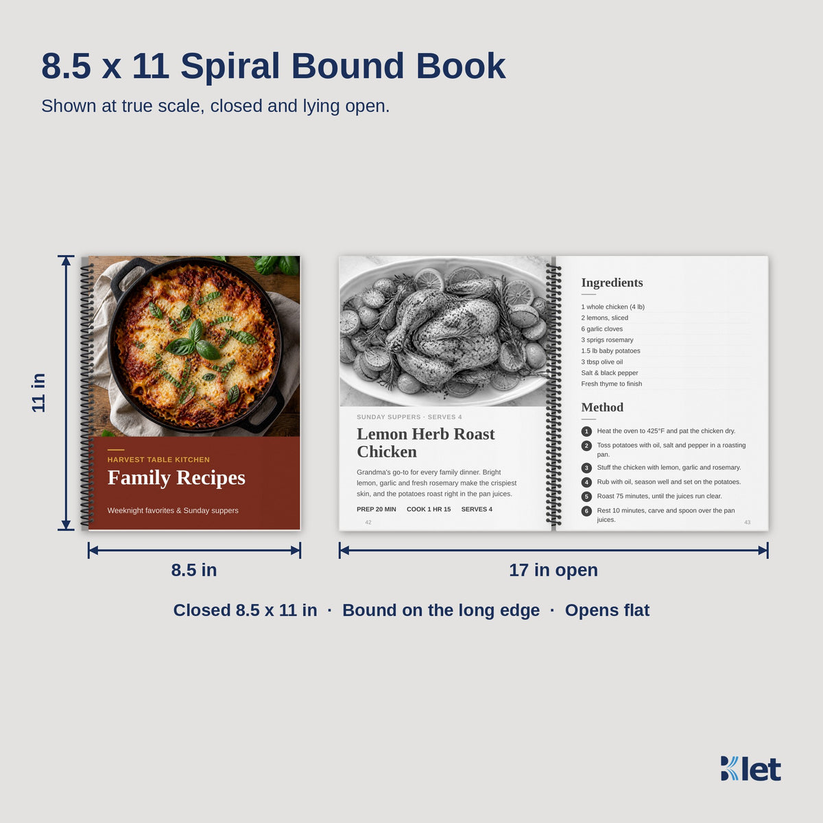 8.5 x 11 spiral bound book size, closed and open flat, black and white inside pages