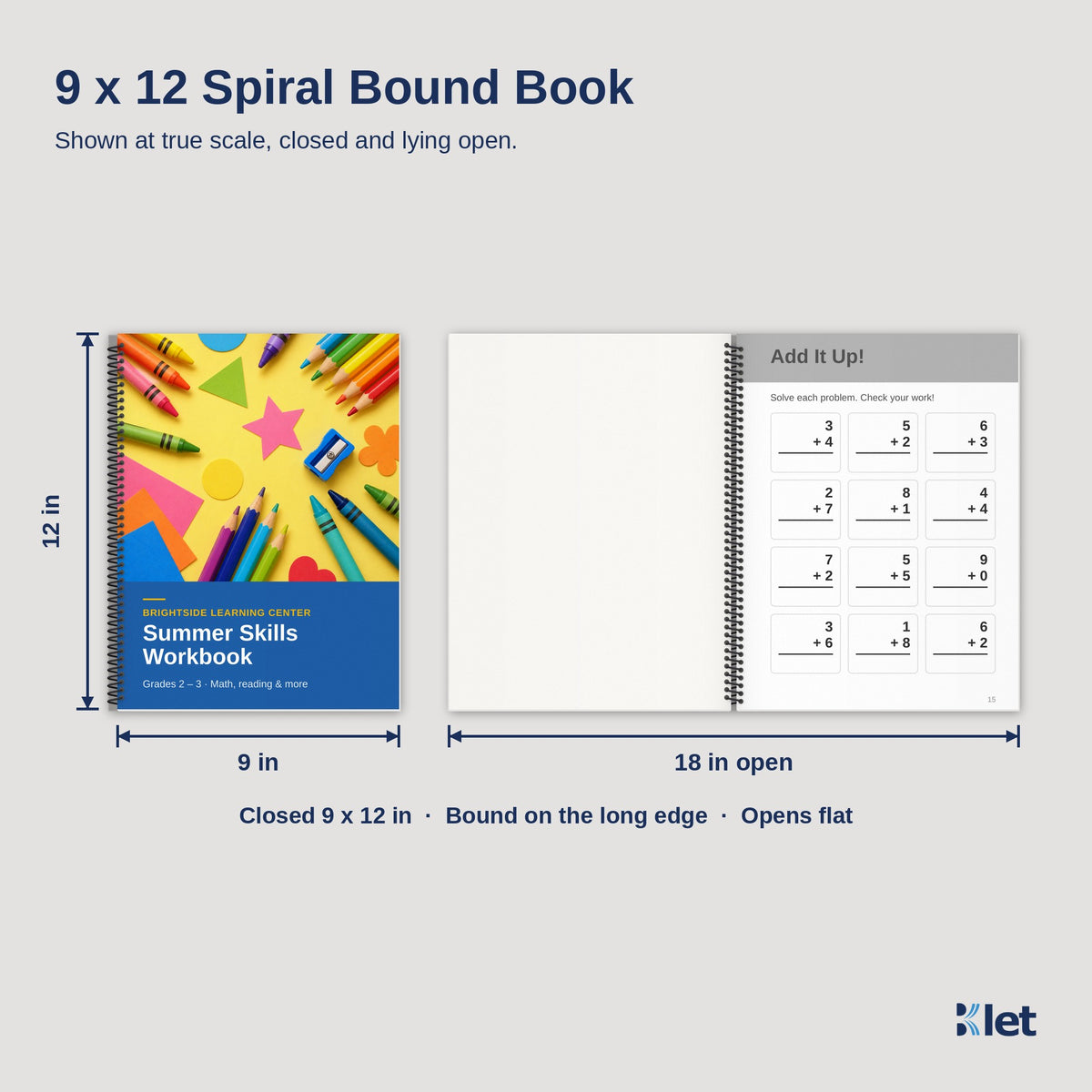 9 x 12 spiral bound book size, closed and open flat, black and white single-sided inside pages