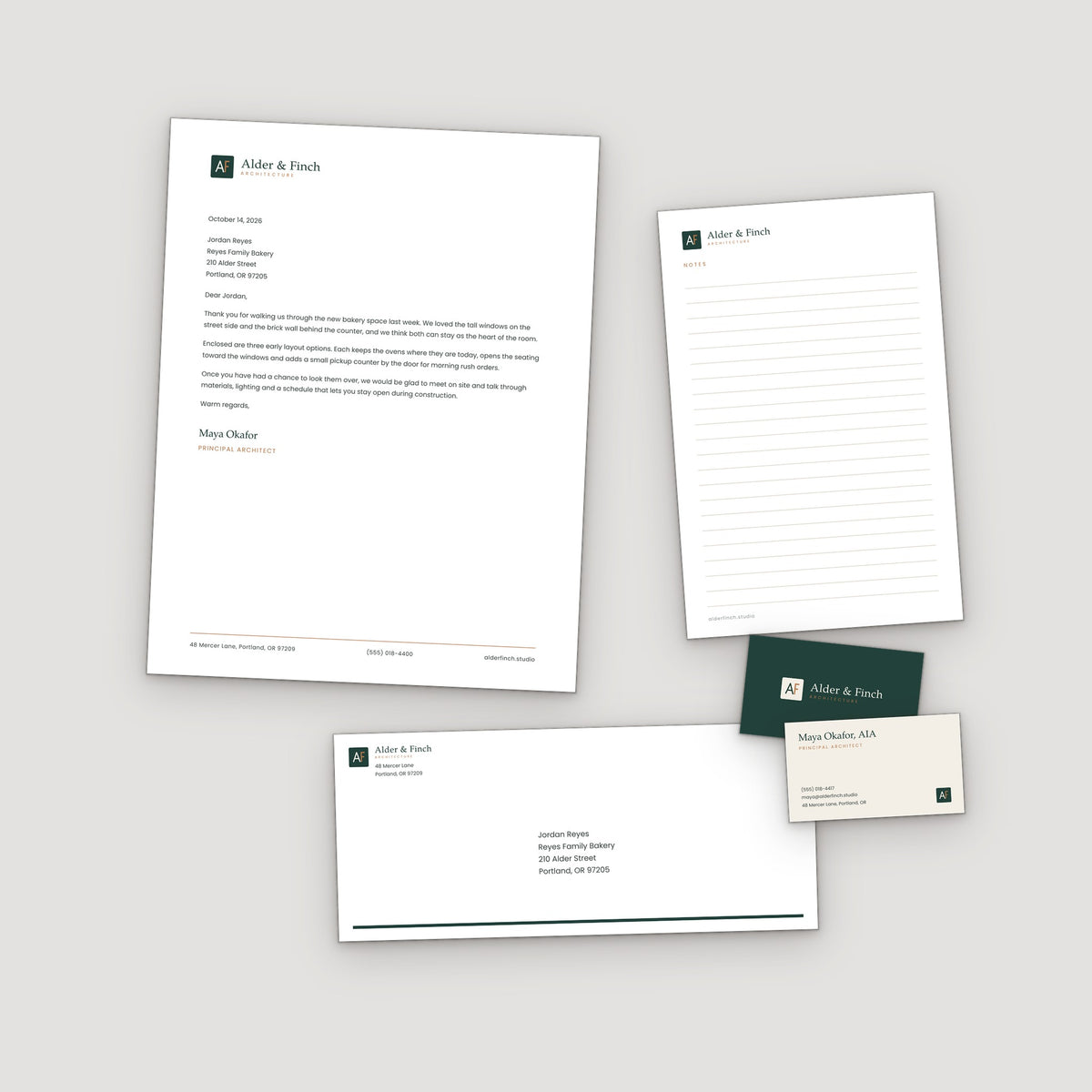 Matching stationery set shown to scale
