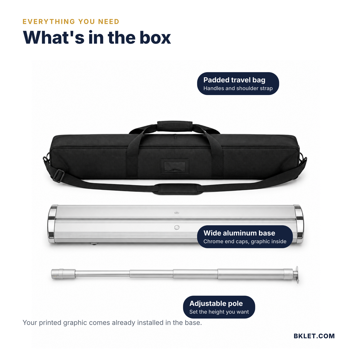 What's in the box: travel bag, wide base, adjustable pole