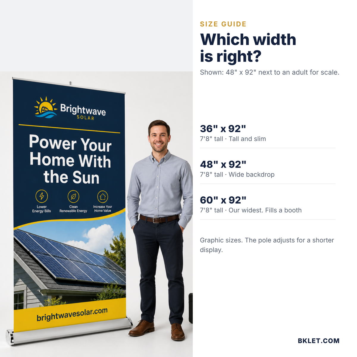 Premium banner stand size guide with person for scale