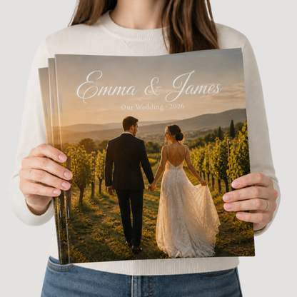 12 x 12 saddle-stitched all-cardstock booklet held in hand