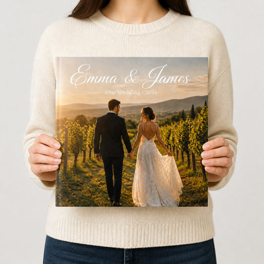 Woman holding a square 12 x 12 all-cardstock wedding booklet