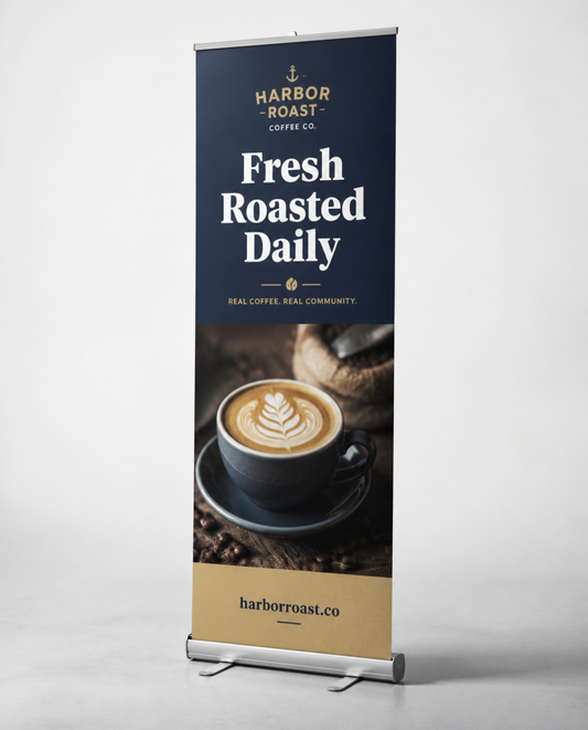 Custom retractable banner stand with full-color printed fabric graphic