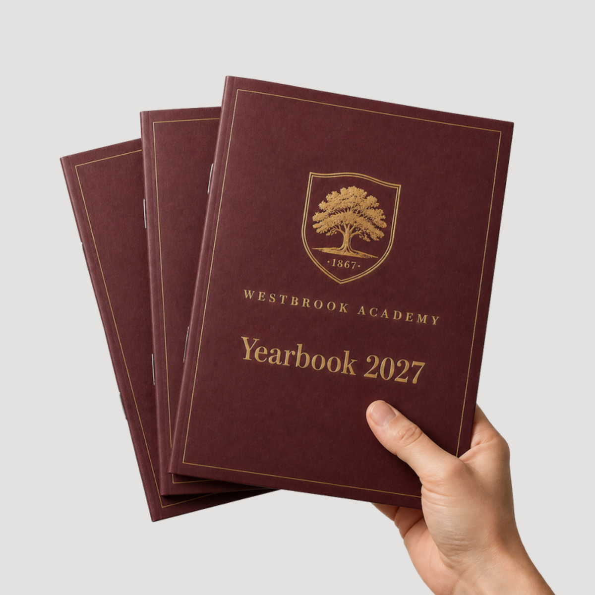 8 x 10 saddle-stitched all-cardstock booklet held in hand