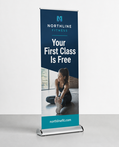 Custom deluxe retractable banner stand with wide chrome base