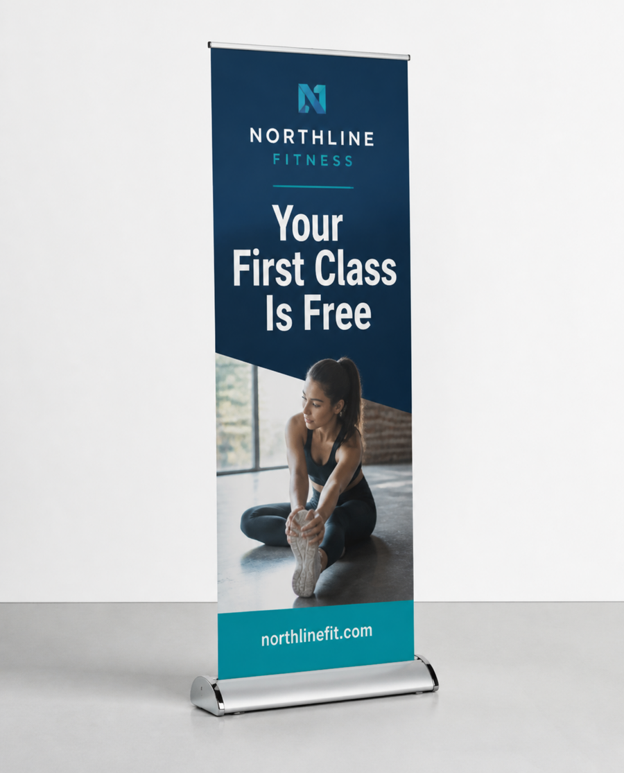 Custom deluxe retractable banner stand with wide chrome base