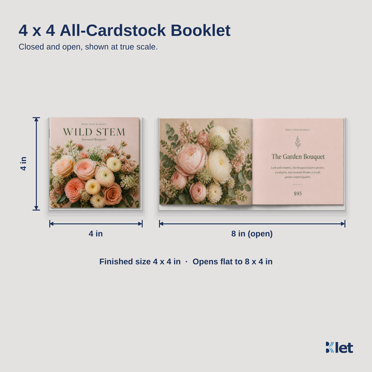 4 x 4 all-cardstock booklet size guide with closed and open dimensions