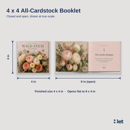 4 x 4 all-cardstock booklet size guide with closed and open dimensions