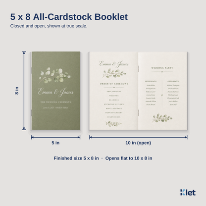 5 x 8 all-cardstock booklet size guide with closed and open dimensions