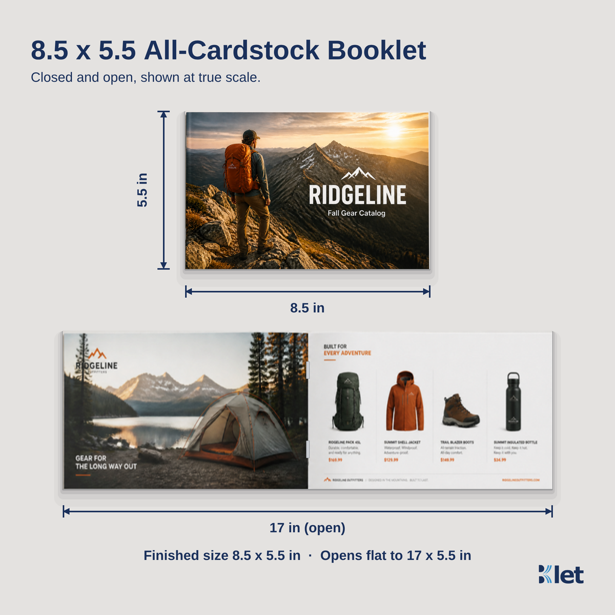 8.5 x 5.5 all-cardstock booklet size guide with closed and open dimensions