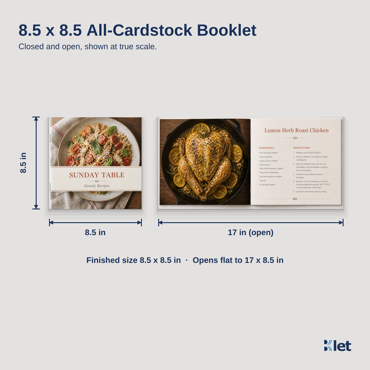 8.5 x 8.5 all-cardstock booklet size guide with closed and open dimensions