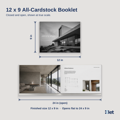 12 x 9 all-cardstock booklet size guide with closed and open dimensions
