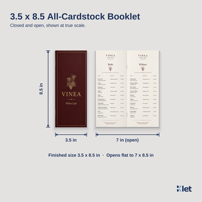 3.5 x 8.5 all-cardstock booklet size guide with closed and open dimensions