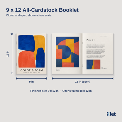 9 x 12 all-cardstock booklet size guide with closed and open dimensions