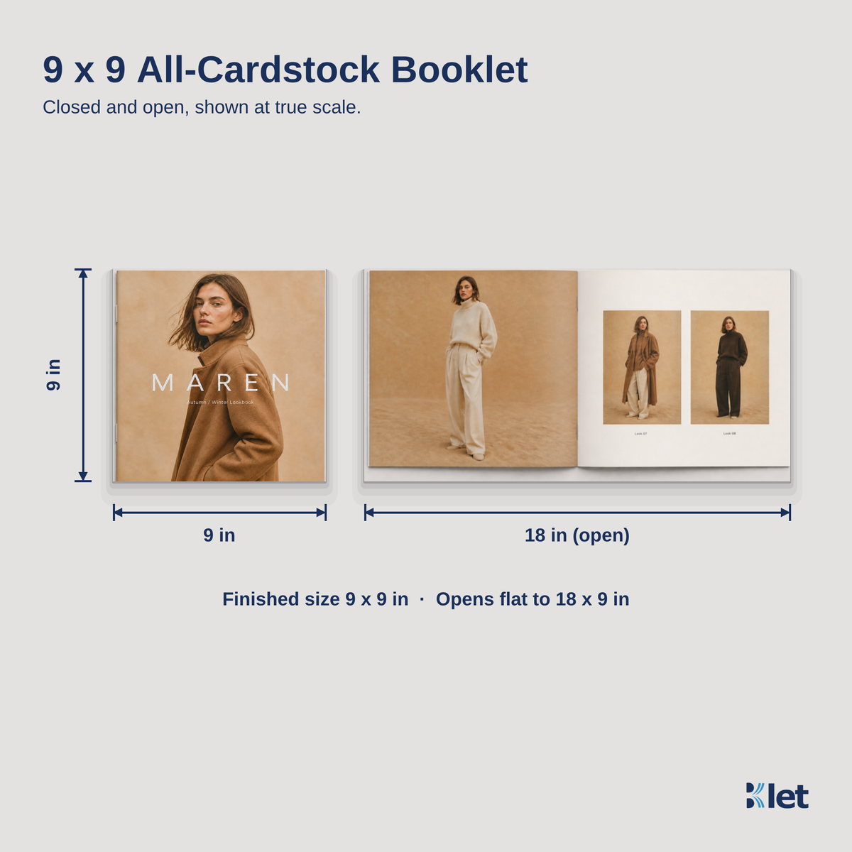 9 x 9 all-cardstock booklet size guide with closed and open dimensions