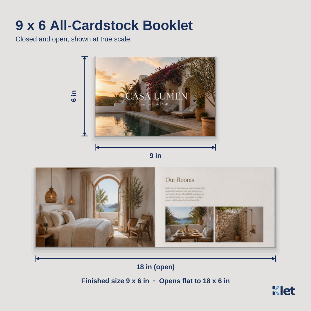 9 x 6 all-cardstock booklet size guide with closed and open dimensions