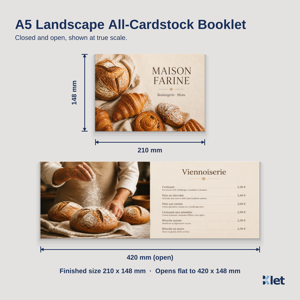 A5 landscape all-cardstock booklet size guide with closed and open dimensions
