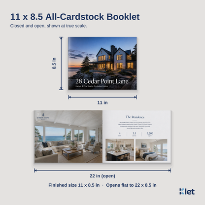 11 x 8.5 all-cardstock booklet size guide with closed and open dimensions