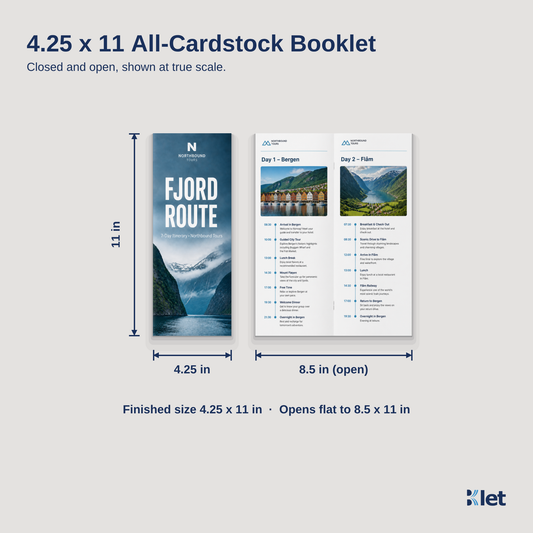 4.25 x 11 all-cardstock booklet size guide with closed and open dimensions