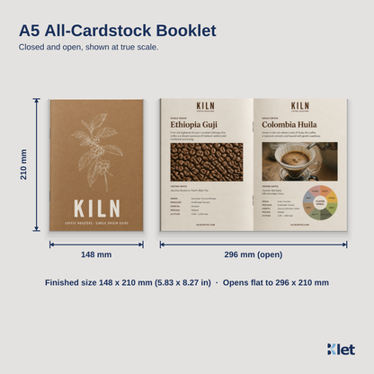 A5 all-cardstock booklet size guide with closed and open dimensions