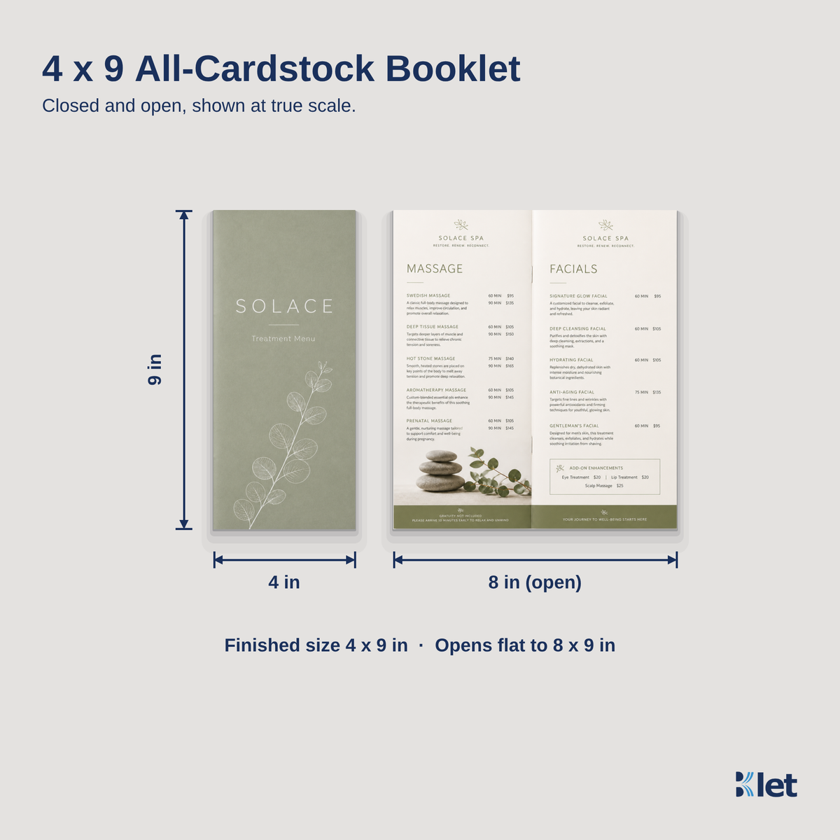 4 x 9 all-cardstock booklet size guide with closed and open dimensions