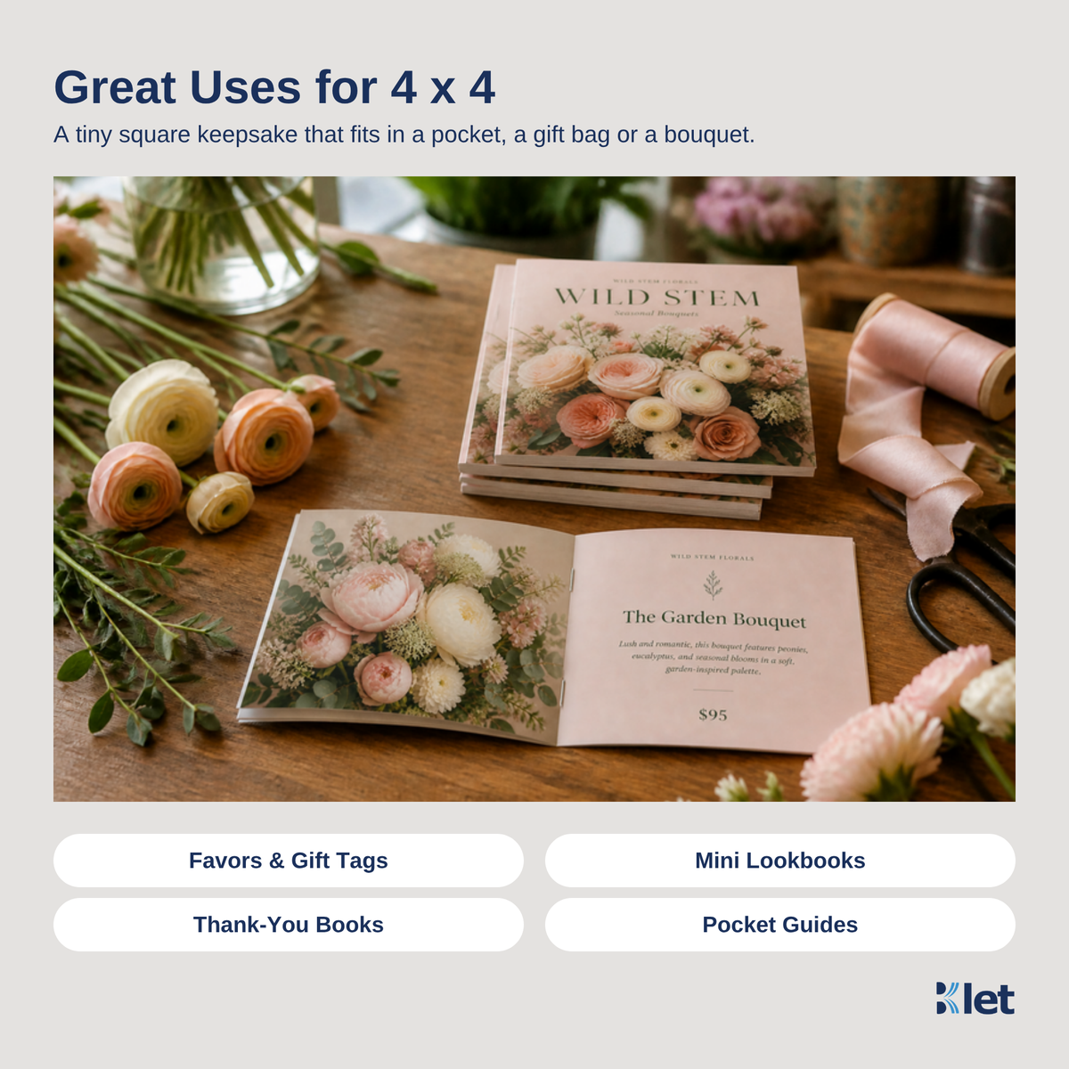 Great uses for 4 x 4 saddle-stitched all-cardstock booklets