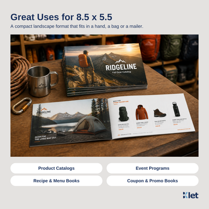 Great uses for 8.5 x 5.5 saddle-stitched all-cardstock booklets