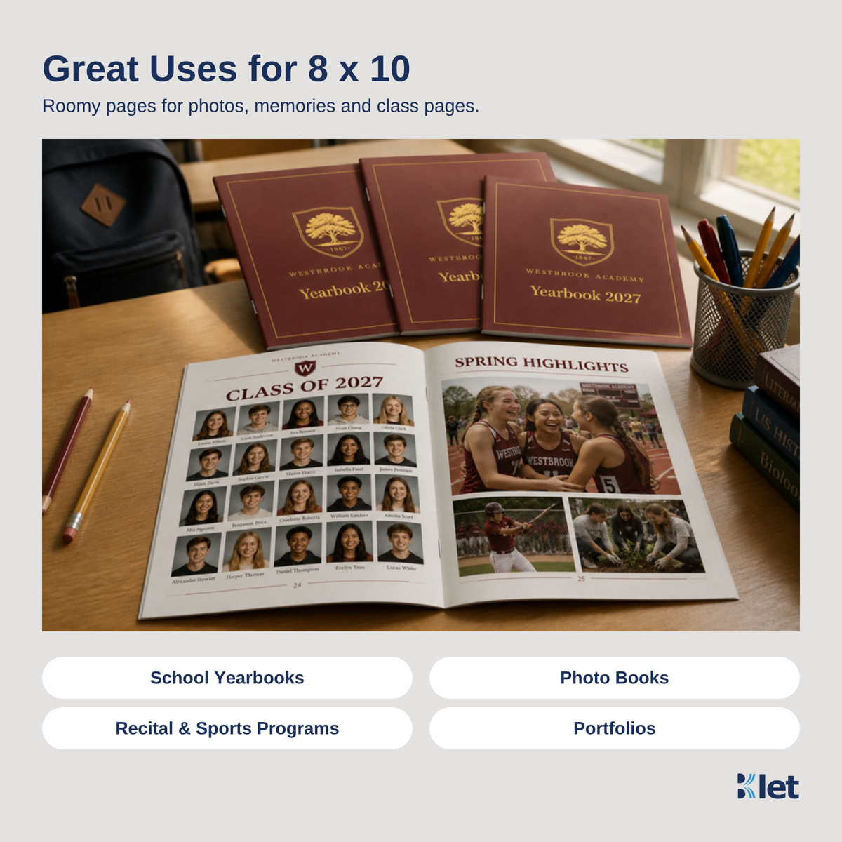 Great uses for 8 x 10 saddle-stitched all-cardstock booklets