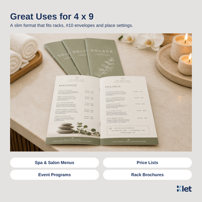 Great uses for 4 x 9 saddle-stitched all-cardstock booklets
