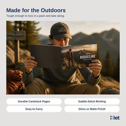 People reading an open 8.5 x 5.5 saddle-stitched all-cardstock booklet