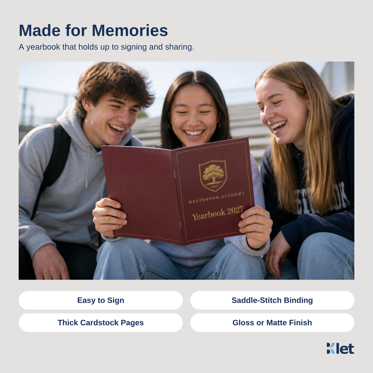People reading an open 8 x 10 saddle-stitched all-cardstock booklet