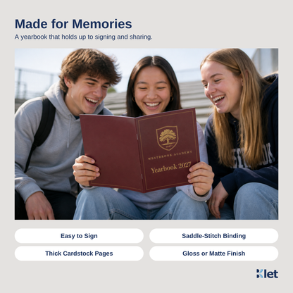 People reading an open 8 x 10 saddle-stitched all-cardstock booklet