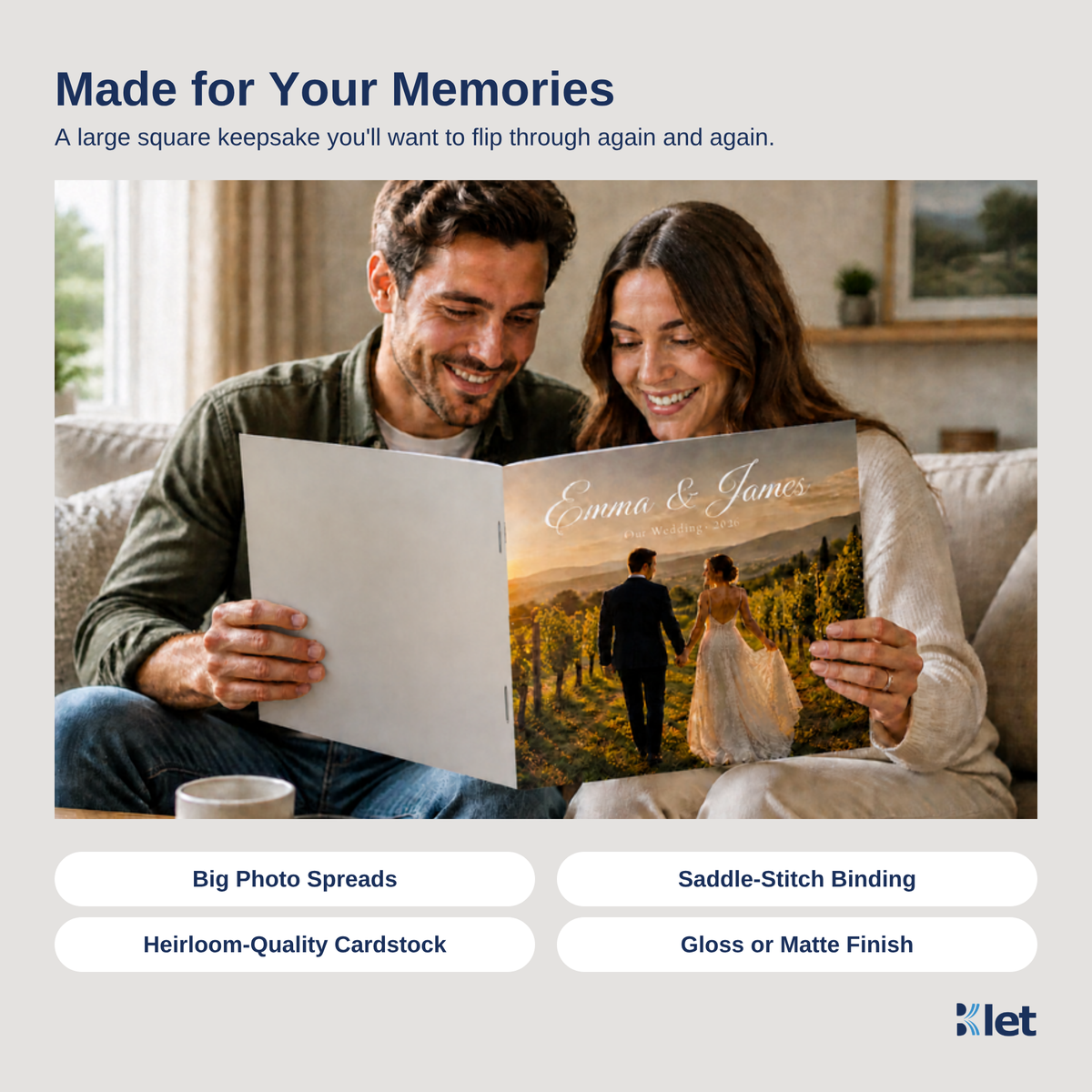 People reading an open 12 x 12 saddle-stitched all-cardstock booklet