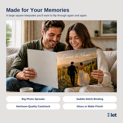People reading an open 12 x 12 saddle-stitched all-cardstock booklet