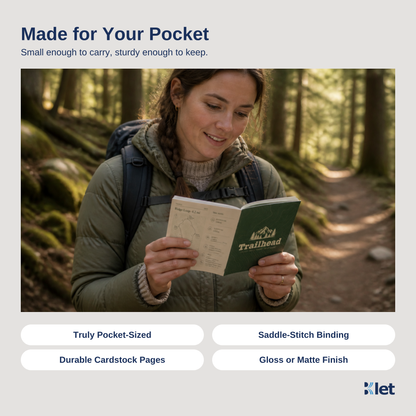 People reading an open 4.25 x 5.5 saddle-stitched all-cardstock booklet