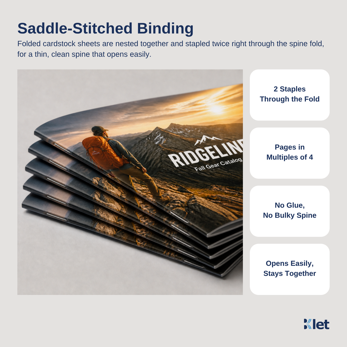 Saddle-stitched binding: 8.5 x 5.5 all-cardstock booklets stapled twice through the spine fold