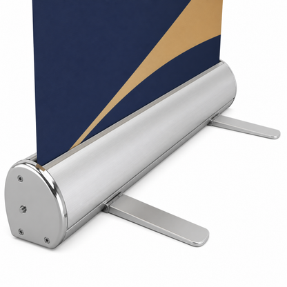 Retractable banner stand aluminum base close-up